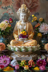 offering altar, white ivory buddhist statue with flowers and fruits