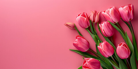pink tulips on pink background, flat lay banner with copy space for text,Valentine's Day, Happy Women's Day,Mother's Day, birthday, - obrazy, fototapety, plakaty