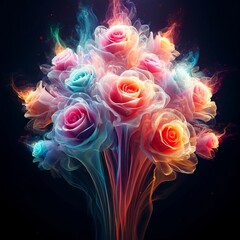 a light gas forming a rose bouquet with each petal as translucent vaporizing gas of a different color - obrazy, fototapety, plakaty