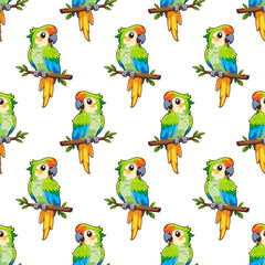 Seamless pattern with cute brightly colored parrot on a branch