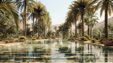A serene oasis in the heart of the desert, with towering palm trees providing shade for weary...