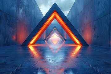 Vibrant 3D rendering of a symmetrical triangle tunnel bathed in neon lighting creating a dynamic and futuristic atmosphere - 777377800