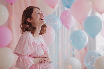 Baby shower or gender reveal party. Pregnancy celebration with friends. Pink and blue decoration for baby girl or boy. Maternity event