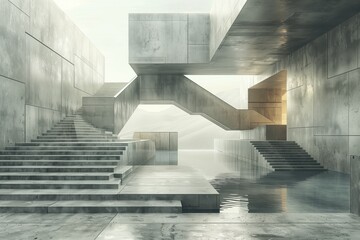 This surreal image captures an abstract concrete staircase enhanced by a foggy and ethereal atmosphere - 777377810