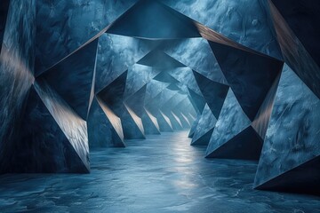 An intriguing tunnel fashioned from deep blue geometric shapes evoking curiosity and exploration - 777377861