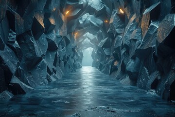 A captivating view of a mystical icy cave, its reflective floor casting a haunting glow enhanced by strategic lighting within the cavern - 777377882