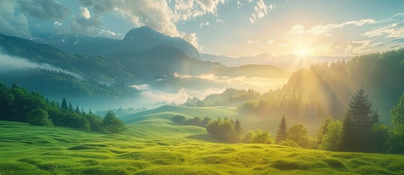 Beautiful panoramic landscape with green meadows, mountains and forest in the misty valley at sunrise. summer nature background. fantasy natural scene