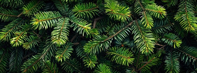 Closeup of green Christmas tree branches texture background. Flat lay, top view