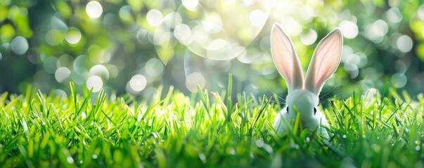Easter background with white bunny ears sticking out of the grass, Easter scene.