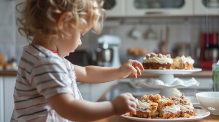 Young child excitedly reaching for a second helping of homemade cake