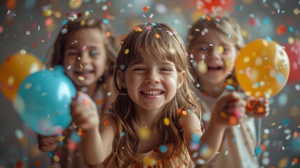 Group of happy kids celebrating birthday colorful joyful