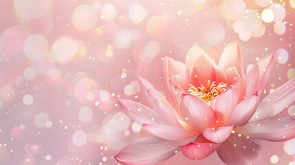 Fototapeta na wymiar closeup of pink lotus on pink background with glitter and bokeh and copy space