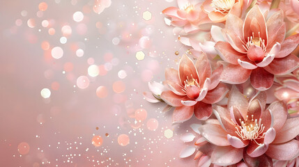 close-up of pink lotus on pink background with glitter and bokeh top view and copy space