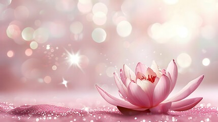 closeup of pink lotus on pink background with glitter and bokeh and copy space