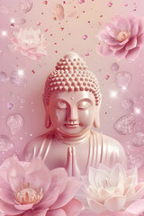 banner for Vesak day with copy space, on a pink background buddha statue and lotuses