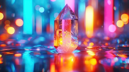 the intricate details of a crystal point illuminated by vibrant Synthwave lights, emphasizing reflections - obrazy, fototapety, plakaty