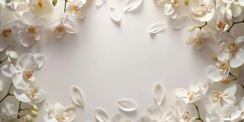 White orchid flowers on white background with copy space, top view. Space for text. banner, flat lay. Minimal concept,