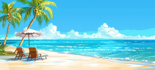 Fototapeta na wymiar Tropical beach with sun loungers and palm trees on the white sand, blue sea water, bright sunny day. vacation or travel concept