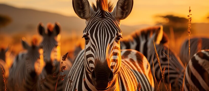 Fototapeta Zebra herd on safari in the grassland at sunset