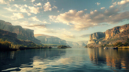 A tranquil lake nestled between rugged cliffs, its surface rippling gently in the breeze under the...