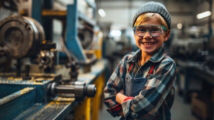 A young boy in safety glasses smiling in a workshop with industrial equipment, portraying early interest in engineering or mechanics.