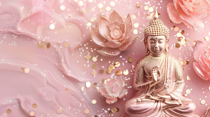 banner for Vesak day with copy space, on a pink background buddha statue and lotuses with place for text
