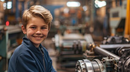 Smiling young boy in a workshop with industrial machinery in the background. Hands-on learning, engineering interest, youth in manufacturing environment. - obrazy, fototapety, plakaty