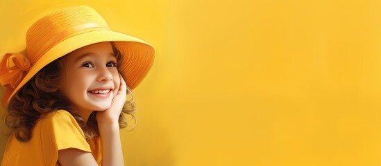 happy childhood. cheerful little girl wears a hat. beach fashion for children. small child on a yellow background. a holiday of joy and activity. beauty. long-awaited summer holidays.banner.