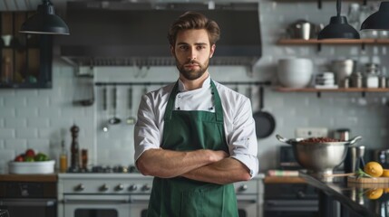 Chef in black apron standing in a modern kitchen.