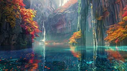 A tranquil lake nestled between towering cliffs, reflecting the vibrant colors of the surrounding...