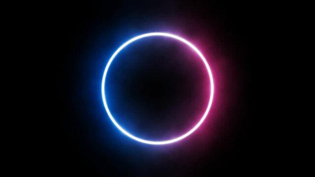 Luminous neon circle in blue and red-pink tones that rotates on its vertical axis on a black background. Looping video. Infinite repeating pattern. Horizontal screen format. 3D Rendering