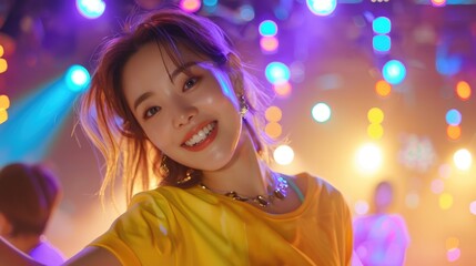 Obraz na płótnie Canvas Asian K-pop female artist posing stylishly. Portrait of a young woman with bokeh lights background