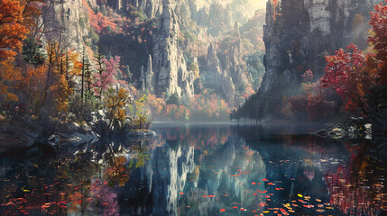 A tranquil lake nestled between towering cliffs, reflecting the vibrant colors of the surrounding...