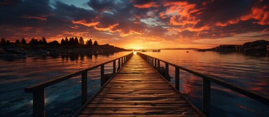 Obraz premium Wooden bridge on the island at sunset