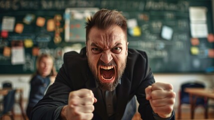 Angry teacher yelling in the classroom. National Teacher Day in the USA