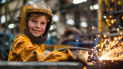 A young child wearing a welder's helmet and apron smiles in a workshop with sparks flying from a metalworking process.