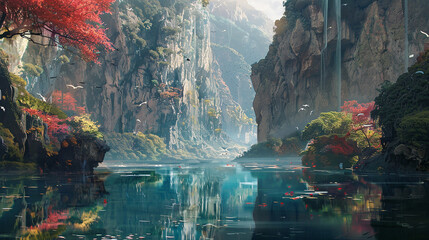 A tranquil lake nestled between towering cliffs, reflecting the vibrant colors of the surrounding...