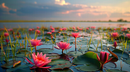 A tranquil marshland alive with the vibrant colors of blooming water lilies and the symphony of...
