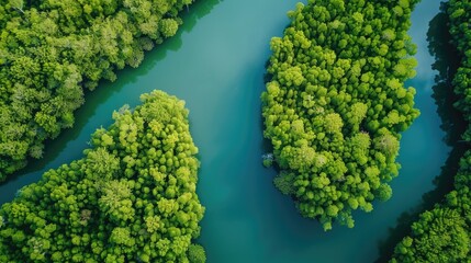 Aerial view of meandering river through dense green mangrove forest.
