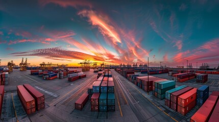 Panoramic view of container terminal at sunset with dramatic sky