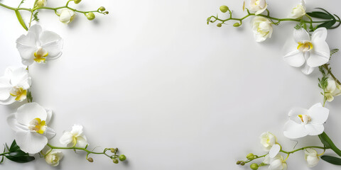 Fototapeta na wymiar White orchid flowers on white background with copy space, top view. Space for text. banner, flat lay. Minimal concept,