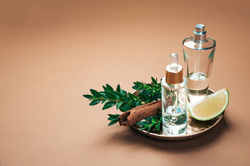 Aromatherapy and perfumery concept with cinnamon sticks, lime and essential oils, showcasing natural ingredients commonly used for aromatic products. Background with copy space.