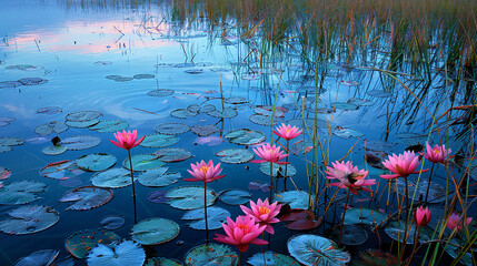 A tranquil marshland alive with the vibrant colors of blooming water lilies and the symphony of...