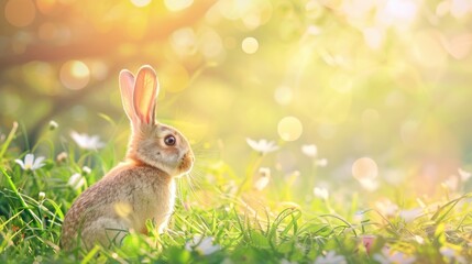 Illuminated by a soft backlight, a rabbit sits amidst a blooming spring garden, casting an enchanting aura reminiscent of a fairytale scene.