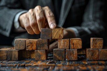 In a sleek suit, the man delicately stacks wooden blocks one on top of the other, demonstrating precise gestures with his wrist and thumb - obrazy, fototapety, plakaty