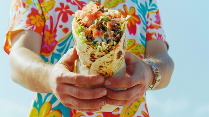 Person in a vibrant floral shirt holding a delicious fully-loaded burrito