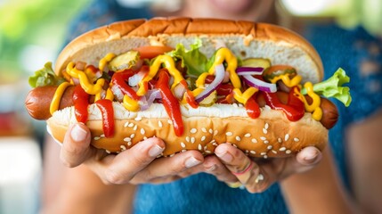 Close-up of hands holding a loaded hotdog with toppings