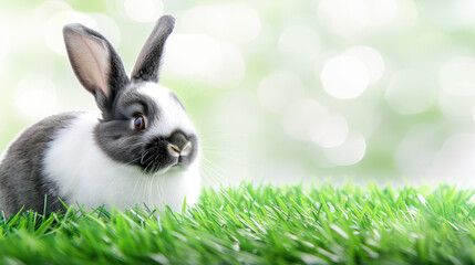 A curious black and white rabbit with upright ears sits on vibrant green grass against a bright, bokeh light background.