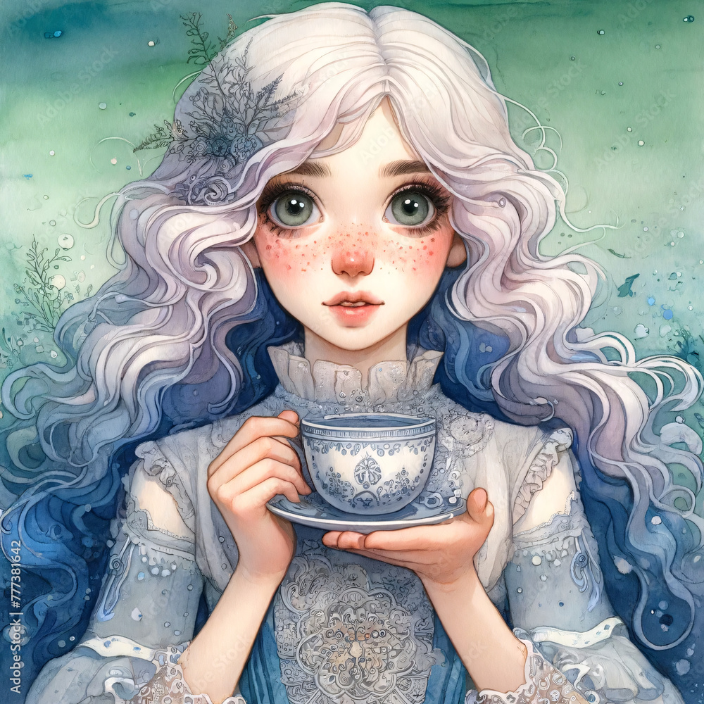 Poster a whimsical character with an ethereal charm. the character should have a pale complexion with soft 