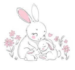 Cute rabbits, mother and baby hand drawn vector illustration, Mother day card bunnys